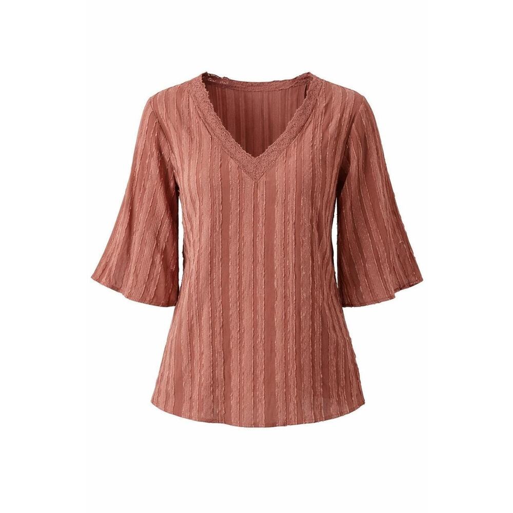 Romantic Mustard Seed Dusty Rose Textured Boho Blouse Lace V Neck Bell Sleeves M